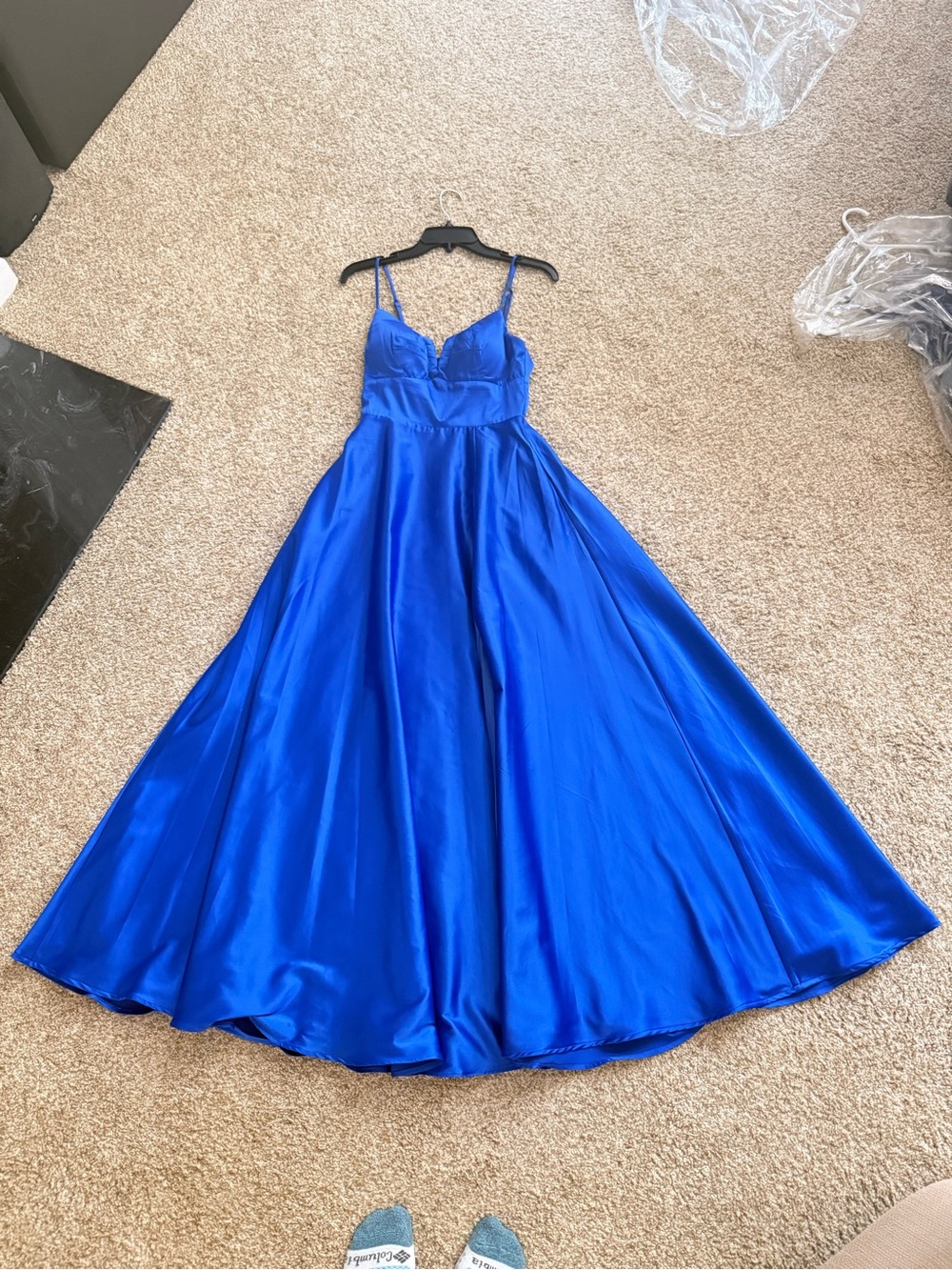 Blue Satin Spaghetti-Strap A-Line Prom Dress
